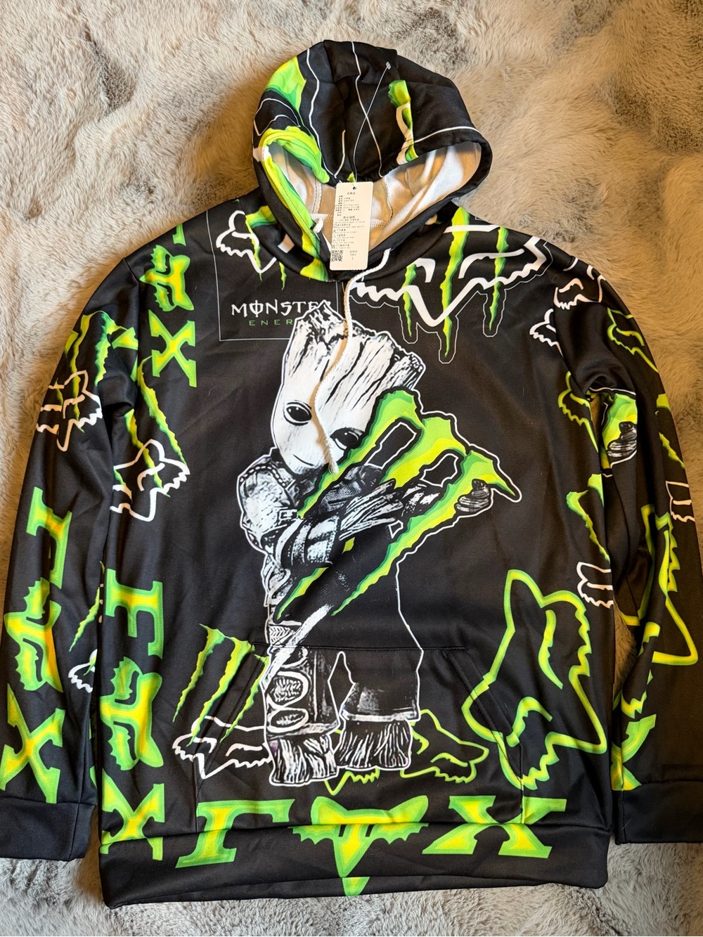 Men’s Large No name hoodie with a print of Groot and monster energy/ fox racing.